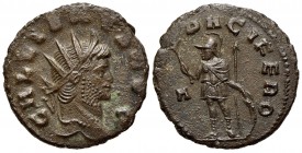 Gallienus (253-268). Antoninianus (20mm, 3.83g, 12h). Rome, 256-7. Radiate head r. R/ Mars standing l., holding olive branch, spear and shield; A to l...