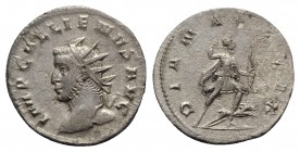 Gallienus (253-268). Antoninianus (22mm, 3.65g, 5h). Mediolanum, 258-9. Radiate head l. R/ Diana walking r., drawing arrow from quiver and holding bow...