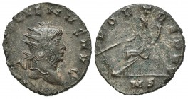 Gallienus (253-268). Antoninianus (21mm, 3.35g, 11h). Mediolanum, AD 266. Radiate head r. R/ Fortuna seated l., holding cornucopia and rudder; MS. RIC...