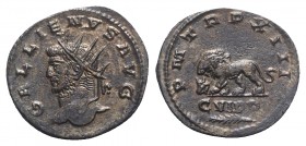 Gallienus (253-268). Antoninianus (21mm, 3.45g, 12h). Antioch, 264-5. Radiate head l. R/ Lion standing l. bucranium before; CVIPP and palm in exergue....
