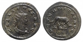 Gallienus (253-268). Antoninianus (22mm, 3.06g, 11h). Antioch, c. 264-5. Radiate, draped and cuirassed bust r. R/ She-wolf standing r., head l., suckl...
