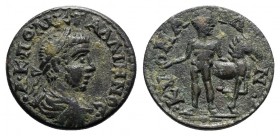 Gallienus (253-268). Aeolis, Cyme. Æ (21mm, 4.58g, 12h). Laureate, draped and cuirassed bust r. R/ Nude male figure standing facing, head r., holding ...