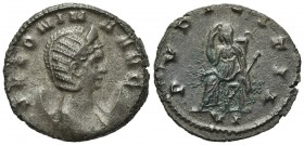 Salonina (Augusta, 254-268). Antoninianus (20mm, 3.65g, 6h). Rome, 260-2. Draped bust r., wearing stephane and set on crescent. R/ Pudicitia seated l....