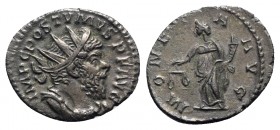 Postumus (260-269). AR Antoninianus (22mm, 2.98g, 7h). Treveri, 263-5. Radiate, draped and cuirassed bust r. R/ Moneta standing l., holding scales and...