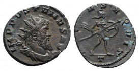 Aureolus (Usurper, 268-269). Antoninianus (21mm, 3.48g, 11h). In the name of Postumus, Mediolanum. Radiate, draped and cuirassed bust r. R/ Mars advan...