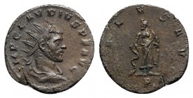 Claudius II (268-270). Radiate (20mm, 3.17g, 12h). Mediolanum, 268-9. Radiate, draped and cuirassed bust r. R/ Aesculapius standing facing, head l., l...