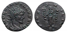 Quintillus (AD 270). Radiate (18mm, 3.13g, 12h). Mediolanum. Radiate, draped and cuirassed bust r. R/ Fides standing l., holding two signa; S. RIC V 5...