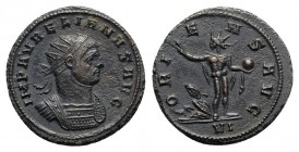 Aurelian (270-275). Radiate (21.5mm, 4.16g, 6h). Rome, 273-4. Radiate and cuirassed bust r. R/ Sol standing facing, head l., raising hand and holding ...