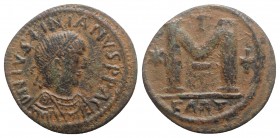 Justinian I (527-565). Æ 40 Nummi (31mm, 12.59g, 6h). Carthage, 533/4-538. Pearl-diademed, draped and cuirassed bust r. R/ Large M; star to l., cross ...