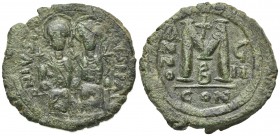Justin II and Sophia (565-578). Æ 40 Nummi (32mm, 13.98g, 7h). Constantinople, year 8 (572/3). Nimbate figures of Justin and Sophia seated facing on d...