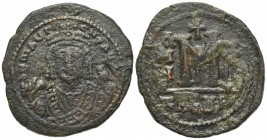 Maurice Tiberius (582-602). Æ 40 Nummi (30mm, 11.00g, 6h). Theoupolis (Antioch), year 12 (593/4). Crowned facing bust, wearing consular robe, holding ...