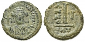 Maurice Tiberius (582-602). Æ 10 Nummi (17mm, 3.12g, 6h). Catania, year 1 (582/3). Crowned and cuirassed facing bust, holding globus cruciger and shie...