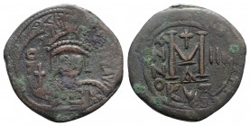 Heraclius (610-641). Æ 40 Nummi (32mm, 10.49g, 12h). Cyzicus, year 2 (611/2). Helmeted and cuirassed facing bust, holding globus cruciger and shield. ...