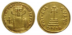 Constans II (641-668). AV Solidus (21mm, 4.30g, 6h). Constantinople, 651-654. Crowned facing bust, wearing long beard, holding globus cruciger. R/ Cro...