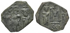 Constans II (641-668). Æ 40 Nummi (21mm, 3.11g, 6h). Syracuse, 659-668. Constans, holding long cross with r. hand, and Constantine IV, both crowned, s...