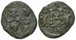 Constans II (641-668). Æ 40 Nummi (20mm, 5.35g, 6h). Syracuse, 659-668. Constans, holding long cross with r. hand, and Constantine IV, both crowned, s...