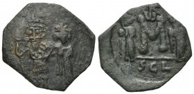 Constans II (641-668). Æ 40 Nummi (22mm, 3.55g, 6h). Syracuse, 659-668. Constans, holding long cross with r. hand, and Constantine IV, both crowned, s...