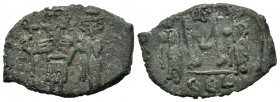 Constans II (641-668). Æ 40 Nummi (23mm, 3.16g, 6h). Syracuse, 659-668. Constans, holding long cross with r. hand, and Constantine IV, both crowned, s...