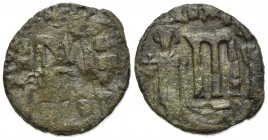 Constans II (641-668). Æ 40 Nummi (22mm, 6.22g, 6h). Ravenna, year 22(?). Crowned facing busts of Constans, with long beard, and Constantine IV; cross...