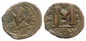 Tiberius III (Apsimar). 698-705. Æ 40 Nummi (25mm, 8.57g, 6h). Constantinople, year 1 (698/9). Crowned and cuirassed bust facing, holding spear and sh...