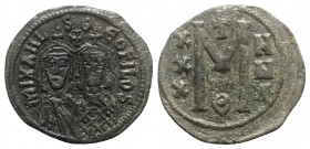 Michael II and Theophilus (821-829). Æ 40 Nummi (31mm, 8.22g, 6h). Constantinople. Busts of Michael and Theophilus facing; cross above. R/ Large M; cr...