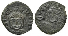 Theophilus (829-842). Æ 40 Nummi (18mm, 2.40g, 6h). Syracuse, 830/1-842. Crowned facing bust of Theophilus, wearing loros, holding cross potent. R/ Cr...