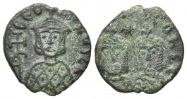 Theophilus (829-842). Æ 40 Nummi (17mm, 2.09g, 6h). Syracuse, 830/1-842. Crowned facing bust of Theophilus, wearing loros, holding cross potent. R/ Cr...