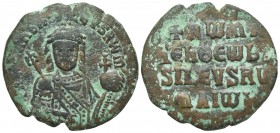 Constantine VII and Romanus I (913-959). Æ 40 Nummi (26mm, 6.69g, 5h). Constantinople, 945-950. Crowned facing bust of Romanus I, wearing loros, holdi...