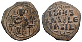 Anonymous, time of Constantine IX (1042-1055). Æ 40 Nummi (32mm, 10.56g, 6h). Constantinople. Christ Pantokrator enthroned facing. R/ Legend in four l...