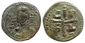 Romanus IV (1068-1071). Æ 40 Nummi (27.5mm, 6.38g, 6h). Constantinople. Nimbate facing bust of Christ, holding Gospels and raising hand in benediction...