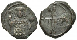 Manuel I (1143-1180). Æ Half Tetarteron (17mm, 2.19g, 6h). Uncertain Greek mint. Crowned facing bust of Michael, holding labarum and globus cruciger. ...