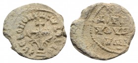 Byzantine Pb Seal, c. 7th-12th century (23mm, 5.93g, 12h). Patriarchal cross set on two steps, tendrils emanating from base of steps. R/ Legend in fou...