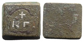 Byzantine Æ Half Ounce Square Commercial Weight, 5th-7th centuries AD (18x19mm, 12.70g). N Γ with cross above in silver inlay. R/ Blank. Good VF