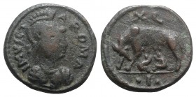 Ostrogoths, Athalaric (526-534). Æ 40 Nummi (26mm, 13.34g, 11h). Rome. 526-534. Helmeted and cuirassed bust of Roma r. R/ She-wolf standing l., head r...