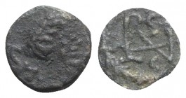 Ostrogoths, Athalaric (526-534). Æ Nummus (8.5mm, 0.71g, 6h). Rome, in the name of Justinian. Diademed, draped and cuirassed bust of Justinian r. R/ M...