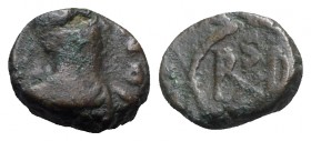 Ostrogoths, Athalaric (526-534). Æ Nummus (9mm, 1.52g, 12h). Rome, in the name of Justinian. Diademed, draped and cuirassed bust of Justinian r. R/ Mo...