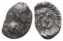 Ostrogoths, Witigis (536-540). AR Quarter Siliqua (11mm, 0.42g, 6h). Ravenna, in the name of Justinian I. Diademed bust r. R/ Monogram within wreath. ...