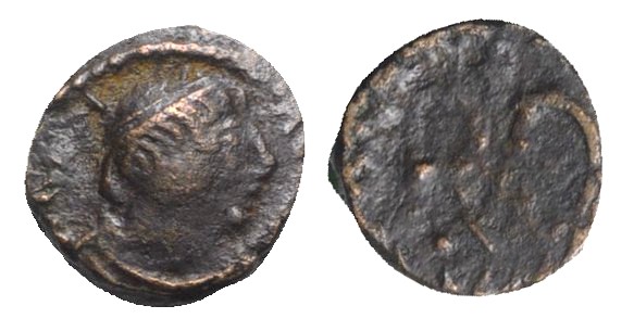 Ostrogoths, Baduila (541-552). Æ (8mm, 1.07g, 6h). Diademed bust r. R/ Monogram ...