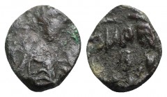 Ostrogoths, Baduila (541-552). Æ (8mm, 0.62g, 6h). Ticinum, in the name of Anastasius. Diademed bust r., wearing paludamentum. R/ DN REX / B within wr...