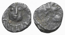 Ostrogoths, Baduila (541-552). Æ (7mm, 0.40g, 6h). Rome. Helmeted and cuirassed bust facing. R/ Lion advancing r. COI 99; MIB 91; MEC 1, –. VF / Good ...