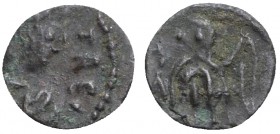 Vandals, Thrasamund (496-523). Æ Nummus (7mm, 0.40g, 9h). Carthage. Diademed, draped and cuirassed bust r. R/ Victory standing l., holding wreath and ...