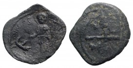 Crusaders, Antioch. Tancred (Regent, 1101-03, 1104-12). Æ Follis (23mm, 2.90g, 3h). St. Peter standing facing, raising hand and holding cross-tipped s...