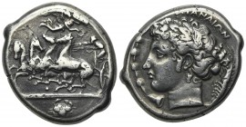 Sicily, Katane, c. 412-403 BC. Fake Tetradrachm (25mm, 16.18g, 6h). Charioteer, holding goad and reins, bent forward driving a racing quadriga to l.; ...