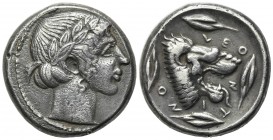 Sicily, Leontinoi, c. 450-440 BC. Fake Tetradrachm (25mm, 18.26g, 12h). Laureate head of Apollo r. R/ Head of lion r.; four barley grains around. Cf. ...