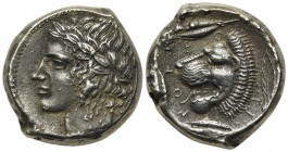 Sicily, Leontinoi, c. 430-425 BC. Fake Tetradrachm (24mm, 15.26g, 6h). Laureate head of Apollo l. R/ Head of roaring lion r.; three barley grains arou...