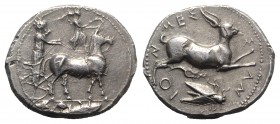 Sicily, Messana, 445-439 BC. Fake Tetradrachm (27mm, 17.12g, 12h). The nymph Messana driving slow biga of mules r.; above, Nike flying r., crowning mu...