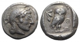 Athens, c. 500/490-485/0 BC. Fake Tetradrachm (23mm, 17.08g, 6h). Head of Athena r., wearing crested Attic helmet. R/ Owl standing r.; olive sprig and...