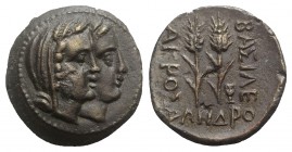 Kings of Skythia, Akrosas (c. 195-190 BC). Fake Æ (24mm, 11.54g, 12h). Jugate heads of Demeter and Persephone r. R/ Two grain ears. For prototype cf. ...