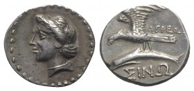 Paphlagonia, Sinope, c. 330-300 BC. Fake Drachm (21mm, 5.15g, 5h). Agreos, magistrate. Head of nymph l., hair in sakkos. R/ Sea-eagle standing l., win...