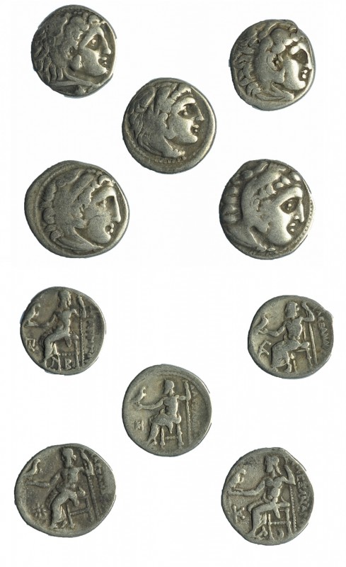 Lote de 5 dracmas. Macedonia. Alejandro III (4), Filipo II (1). BC+/MBC-.